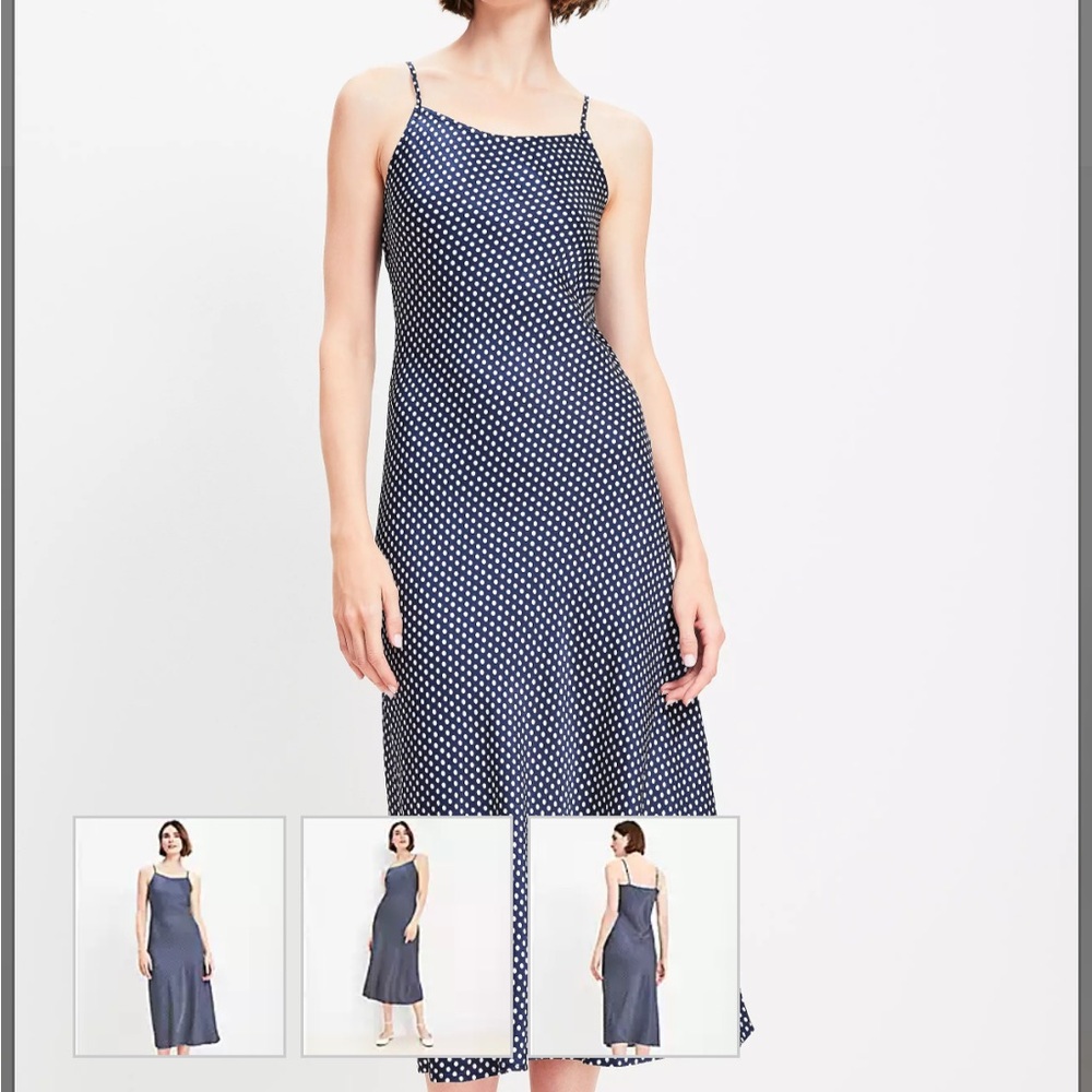 LOFT Dotted Satin Strappy Bias Midi Dress